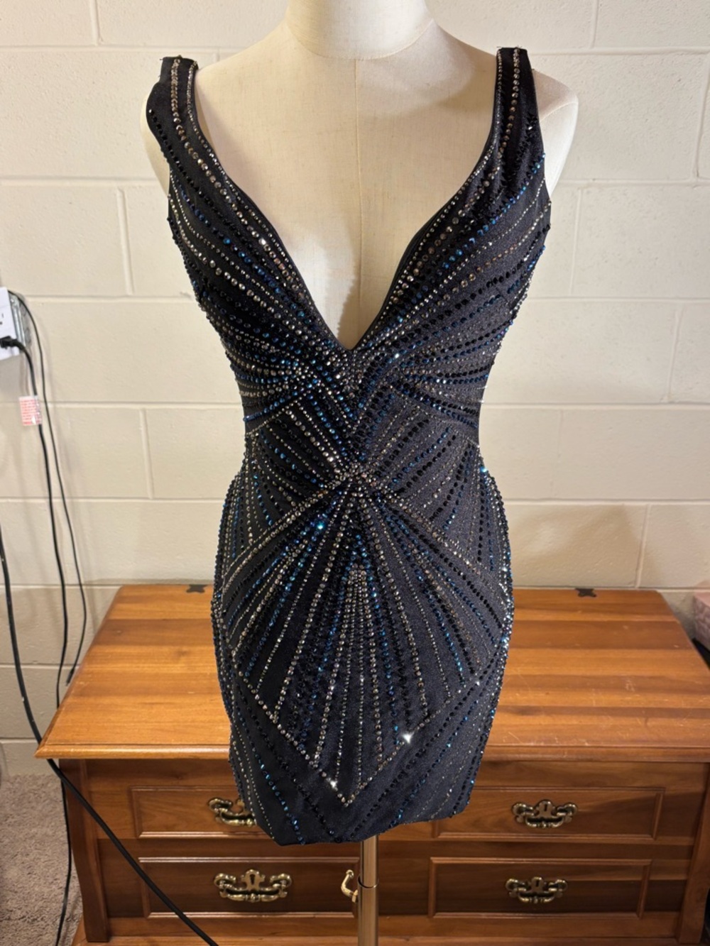 Black Beaded V-Neck Cocktail Dress